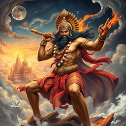 A powerful depiction of Tripurantaka, the destroyer of the three cities, depicted in a dramatic and dynamic pose