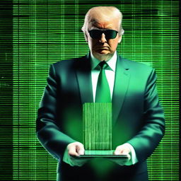 A high-quality, digital art image of Donald Trump in the style of an NFT, combining elements from The Matrix and a mobile theme