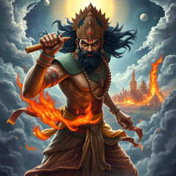 A powerful depiction of Tripurantaka, the destroyer of the three cities, depicted in a dramatic and dynamic pose