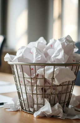 A close-up shot of a wastepaper basket overflowing with crumpled papers symbolizing failure and frustration in an office setting