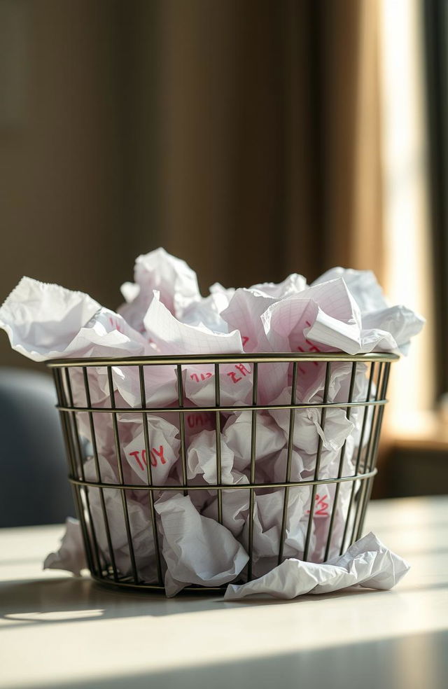 A close-up shot of a wastepaper basket overflowing with crumpled papers symbolizing failure and frustration in an office setting