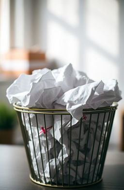 A close-up shot of a wastepaper basket overflowing with crumpled papers symbolizing failure and frustration in an office setting