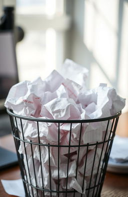 A close-up shot of a wastepaper basket overflowing with crumpled papers symbolizing failure and frustration in an office setting