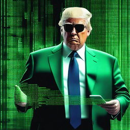 A high-quality, digital art image of Donald Trump in the style of an NFT, combining elements from The Matrix and a mobile theme