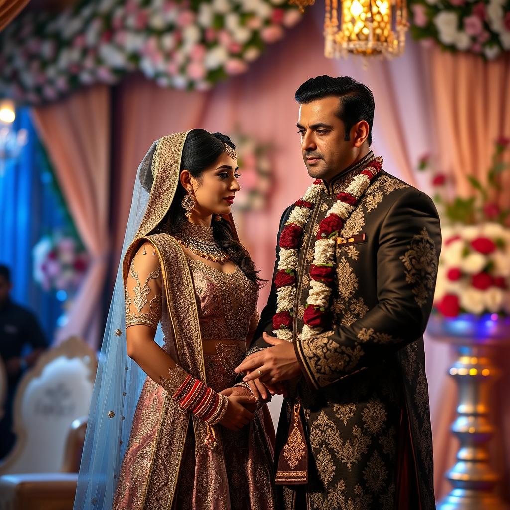 A stylized, dramatic scene capturing the essence of a traditional nikah ceremony featuring the stunning Indian actress Aishwarya Rai in an exquisite, intricately designed bridal outfit with rich textiles and elegant jewelry