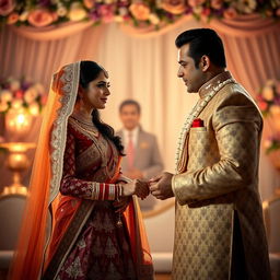 A stylized, dramatic scene capturing the essence of a traditional nikah ceremony featuring the stunning Indian actress Aishwarya Rai in an exquisite, intricately designed bridal outfit with rich textiles and elegant jewelry