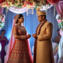 A stylized, dramatic scene capturing the essence of a traditional nikah ceremony featuring the stunning Indian actress Aishwarya Rai in an exquisite, intricately designed bridal outfit with rich textiles and elegant jewelry