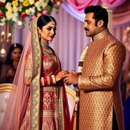 A stylized, dramatic scene capturing the essence of a traditional nikah ceremony featuring the stunning Indian actress Aishwarya Rai in an exquisite, intricately designed bridal outfit with rich textiles and elegant jewelry