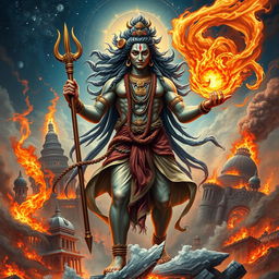 A dramatic depiction of Lord Shiva as Tripurantaka, showcasing him as the destroyer of the three cities