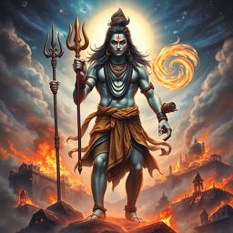 A dramatic depiction of Lord Shiva as Tripurantaka, showcasing him as the destroyer of the three cities