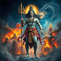 A dramatic depiction of Lord Shiva as Tripurantaka, showcasing him as the destroyer of the three cities