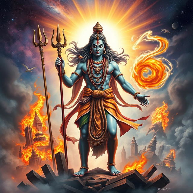 A dramatic depiction of Lord Shiva as Tripurantaka, showcasing him as the destroyer of the three cities