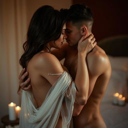 A sensual and intimate scene featuring two adult figures intertwined in a passionate embrace, showcasing their affection