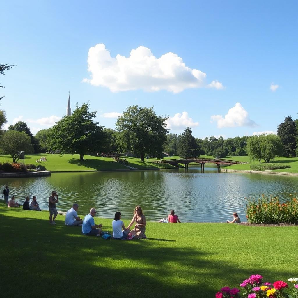 A serene landscape showcasing a beautiful park with a tranquil lake surrounded by lush greenery and colorful flowers