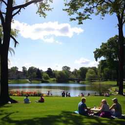A serene landscape showcasing a beautiful park with a tranquil lake surrounded by lush greenery and colorful flowers