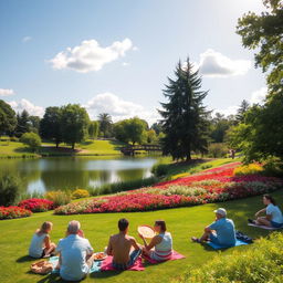 A serene landscape showcasing a beautiful park with a tranquil lake surrounded by lush greenery and colorful flowers