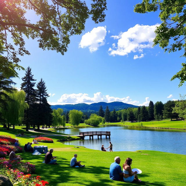 A serene landscape showcasing a beautiful park with a tranquil lake surrounded by lush greenery and colorful flowers