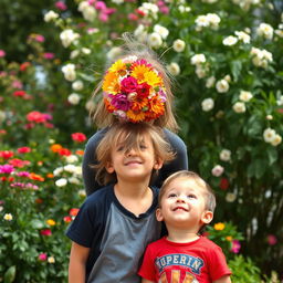 An older sister and her younger brother are enjoying a day out, captured in a whimsical moment