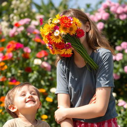 An older sister and her younger brother are enjoying a day out, captured in a whimsical moment