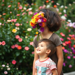 An older sister and her younger brother are enjoying a day out, captured in a whimsical moment