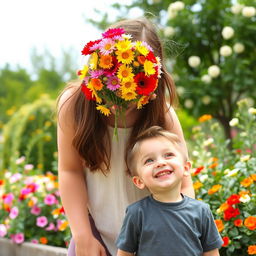 An older sister and her younger brother are enjoying a day out, captured in a whimsical moment