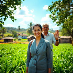 A young IAS officer visiting a rural village to meet with her father at a lush green farm