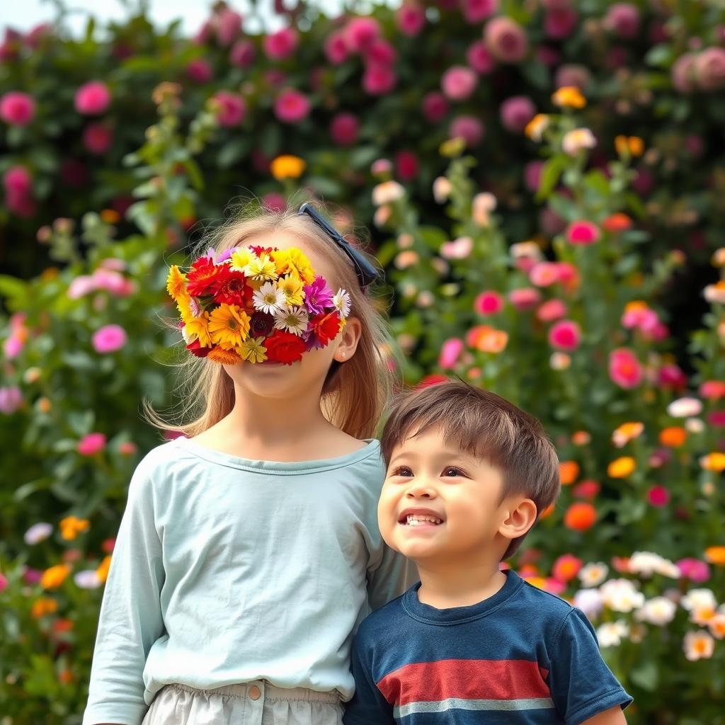 An older sister and her younger brother enjoying a cheerful outing in a vibrant outdoor setting