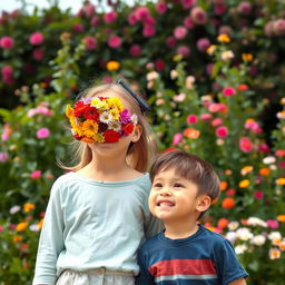 An older sister and her younger brother enjoying a cheerful outing in a vibrant outdoor setting