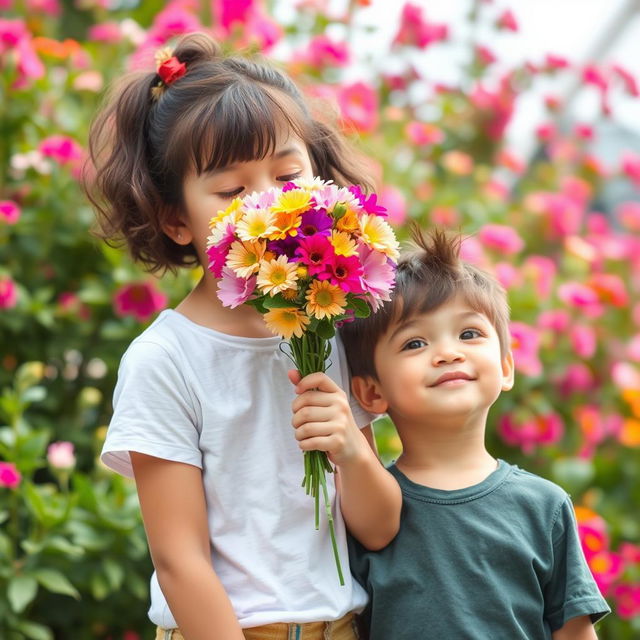 An older sister and her younger brother enjoying a cheerful outing in a vibrant outdoor setting