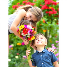 An older sister and her younger brother enjoying a cheerful outing in a vibrant outdoor setting