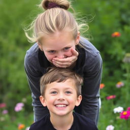 An older sister and her younger brother enjoying a playful outing together, captured in a whimsical moment