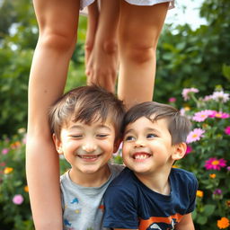 An older sister and her younger brother enjoying a playful outing together, captured in a whimsical moment