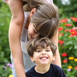 An older sister and her younger brother enjoying a playful outing together, captured in a whimsical moment