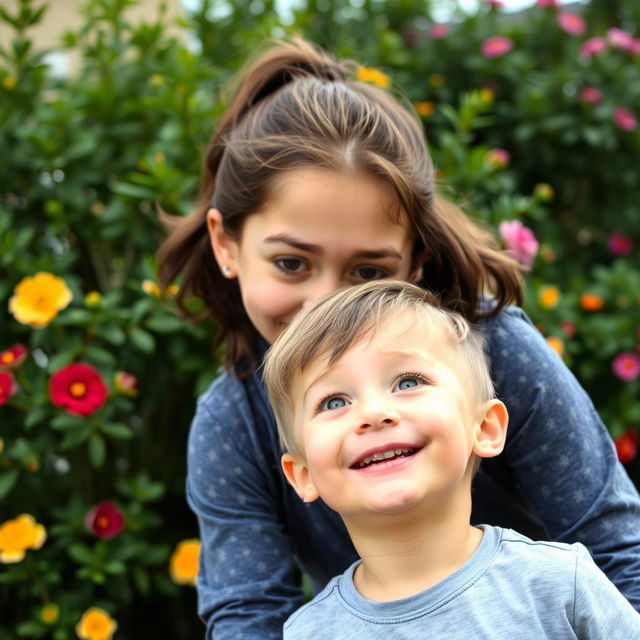 An older sister and her younger brother enjoying a playful outing together, captured in a whimsical moment