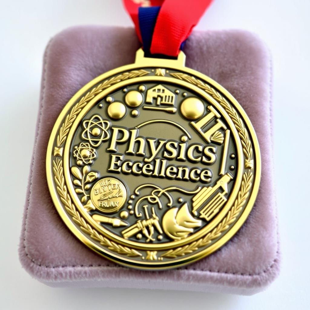 A beautifully crafted physics medal featuring intricate designs related to physics, such as atoms, galaxies, and scientific instruments