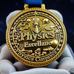 A beautifully crafted physics medal featuring intricate designs related to physics, such as atoms, galaxies, and scientific instruments
