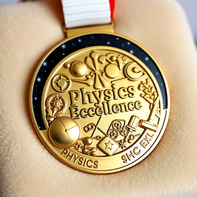 A beautifully crafted physics medal featuring intricate designs related to physics, such as atoms, galaxies, and scientific instruments