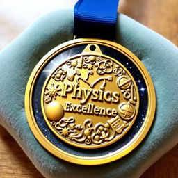 A beautifully crafted physics medal featuring intricate designs related to physics, such as atoms, galaxies, and scientific instruments