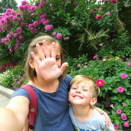 An older sister and her younger brother are playfully enjoying an outing together