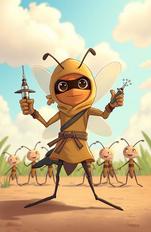 A whimsical scene depicting a cartoon-style mosquito dressed in a ninja outfit, complete with a mask and throwing stars