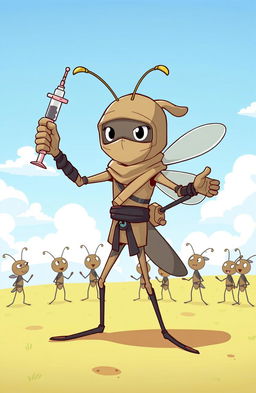 A whimsical scene depicting a cartoon-style mosquito dressed in a ninja outfit, complete with a mask and throwing stars