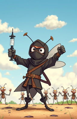 A whimsical scene depicting a cartoon-style mosquito dressed in a ninja outfit, complete with a mask and throwing stars