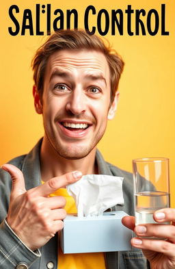 A close-up of a confident adult engaging in a saliva control demonstration, showcasing various techniques to manage saliva in a humorous and light-hearted manner