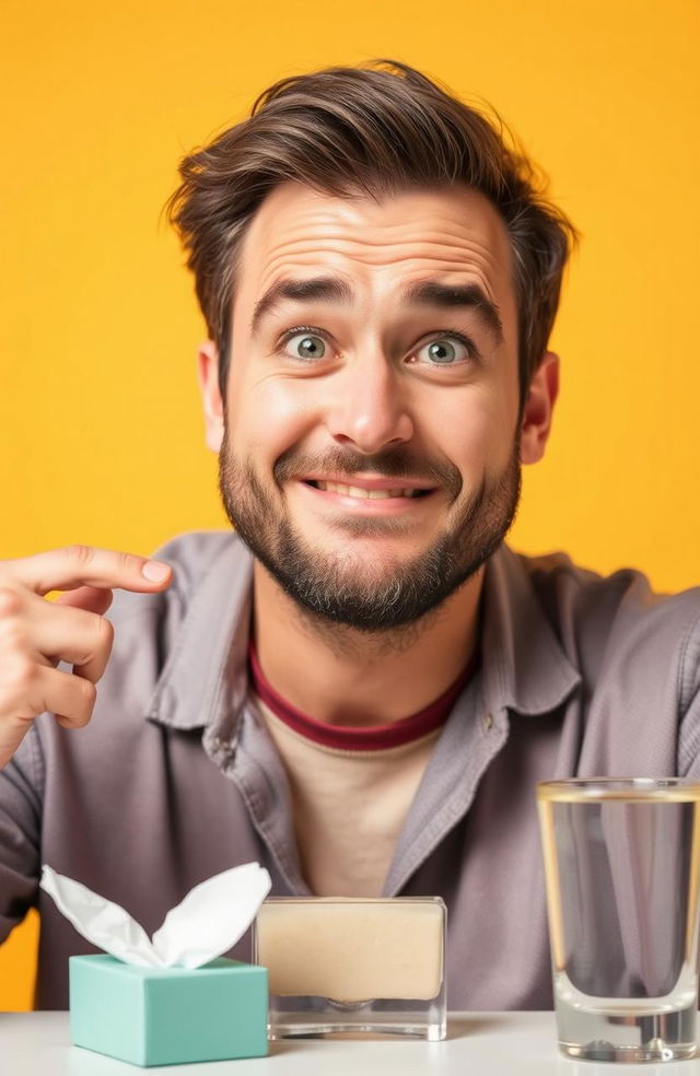 A close-up of a confident adult engaging in a saliva control demonstration, showcasing various techniques to manage saliva in a humorous and light-hearted manner