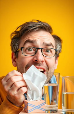 A close-up of a confident adult engaging in a saliva control demonstration, showcasing various techniques to manage saliva in a humorous and light-hearted manner