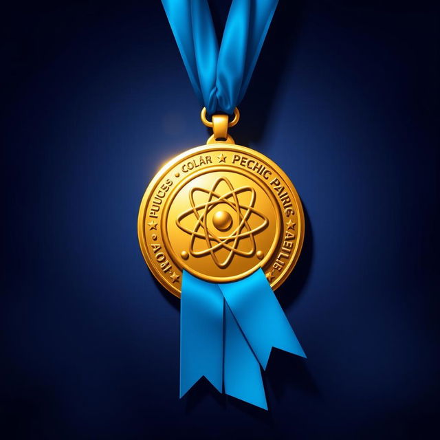 A beautifully detailed illustration of a gold medal for physics, featuring intricate designs such as an atom symbol and mathematical equations etched around the edges