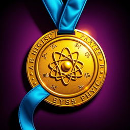 A beautifully detailed illustration of a gold medal for physics, featuring intricate designs such as an atom symbol and mathematical equations etched around the edges