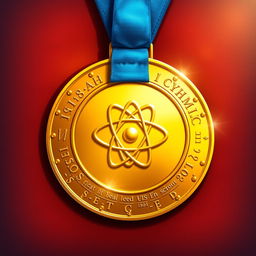 A beautifully detailed illustration of a gold medal for physics, featuring intricate designs such as an atom symbol and mathematical equations etched around the edges