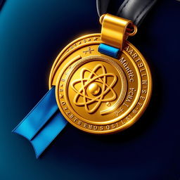 A beautifully detailed illustration of a gold medal for physics, featuring intricate designs such as an atom symbol and mathematical equations etched around the edges