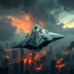A dramatic scene depicting a colossal, futuristic destroyer hovering over a devastated landscape of three cities, with skyscrapers crumbling and smoke billowing into the sky